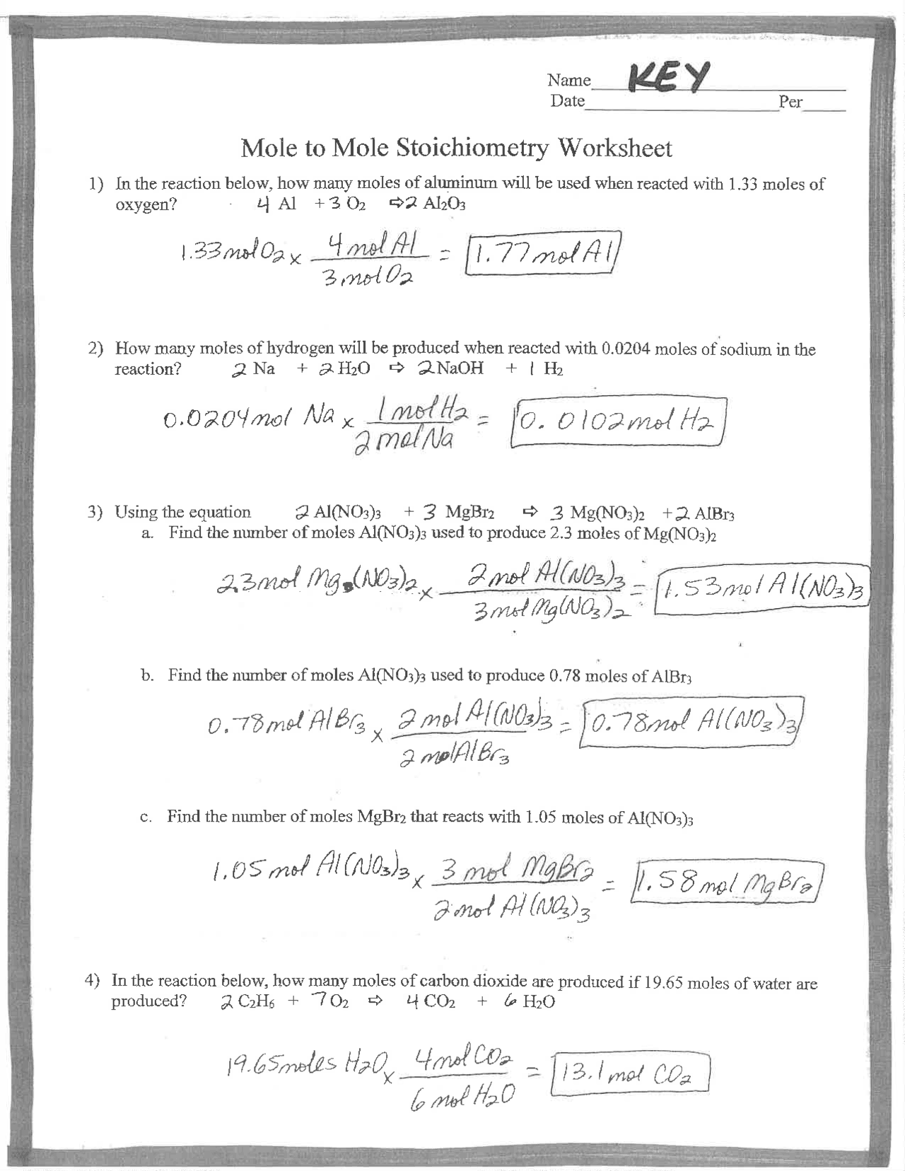 Mole To Mole Stoichiometry Worksheet Key Exercises Chemistry 
