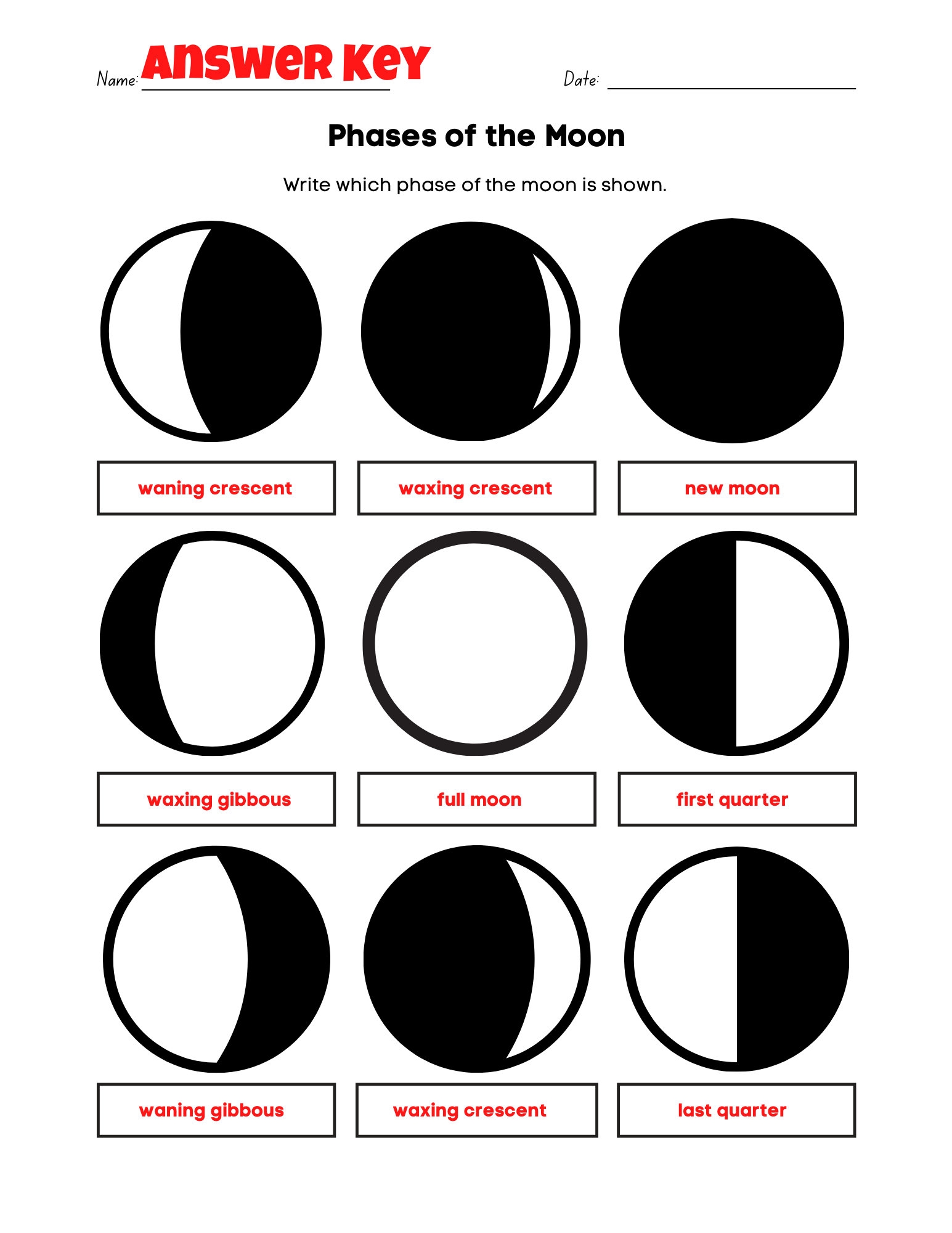 Moon Phase Worksheets
