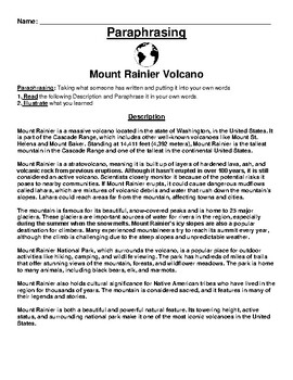 Mount Rainier Volcano Paraphrasing Worksheet By BAC Education TPT