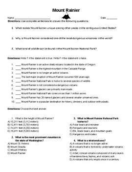 Mt Rainier Informational Text W Worksheets Washington State WA PNW