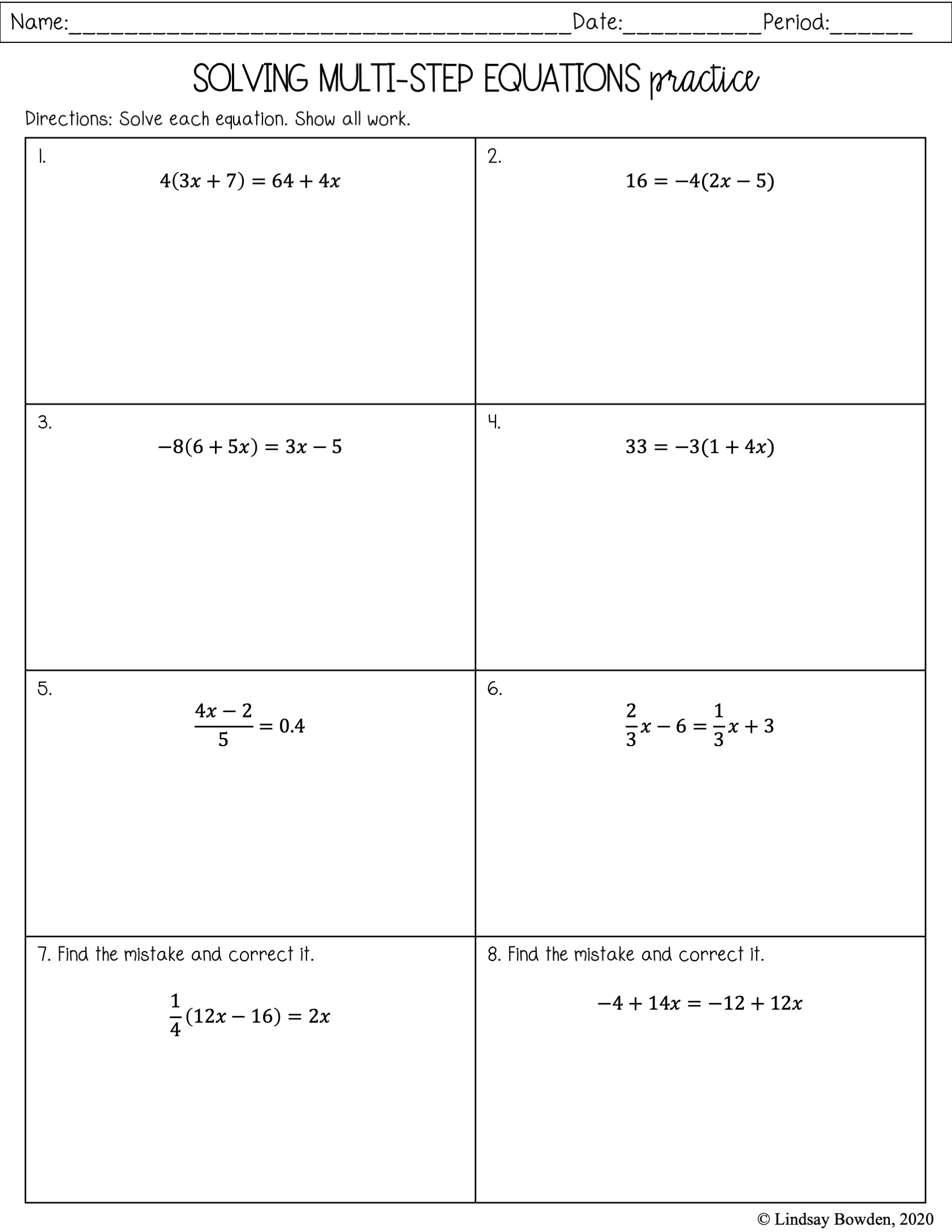 Multi Step Equation Notes And Worksheets Lindsay Bowden Worksheets 
