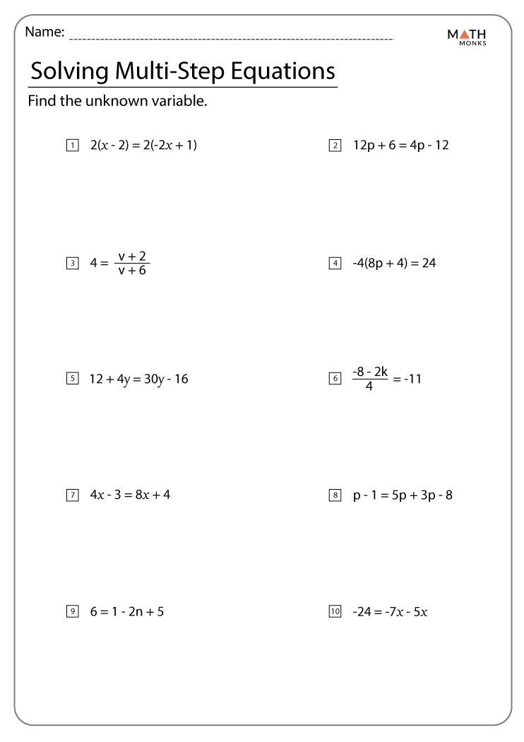 Multi Step Equations Worksheets Math Monks