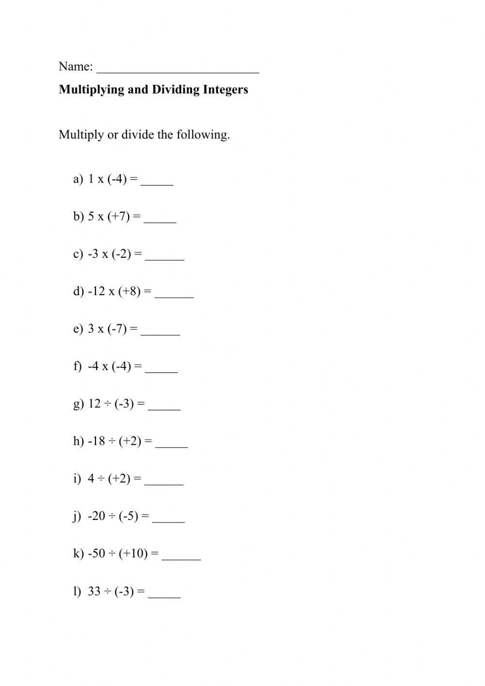 Multiplying And Dividing Integers Interactive Worksheet Live 