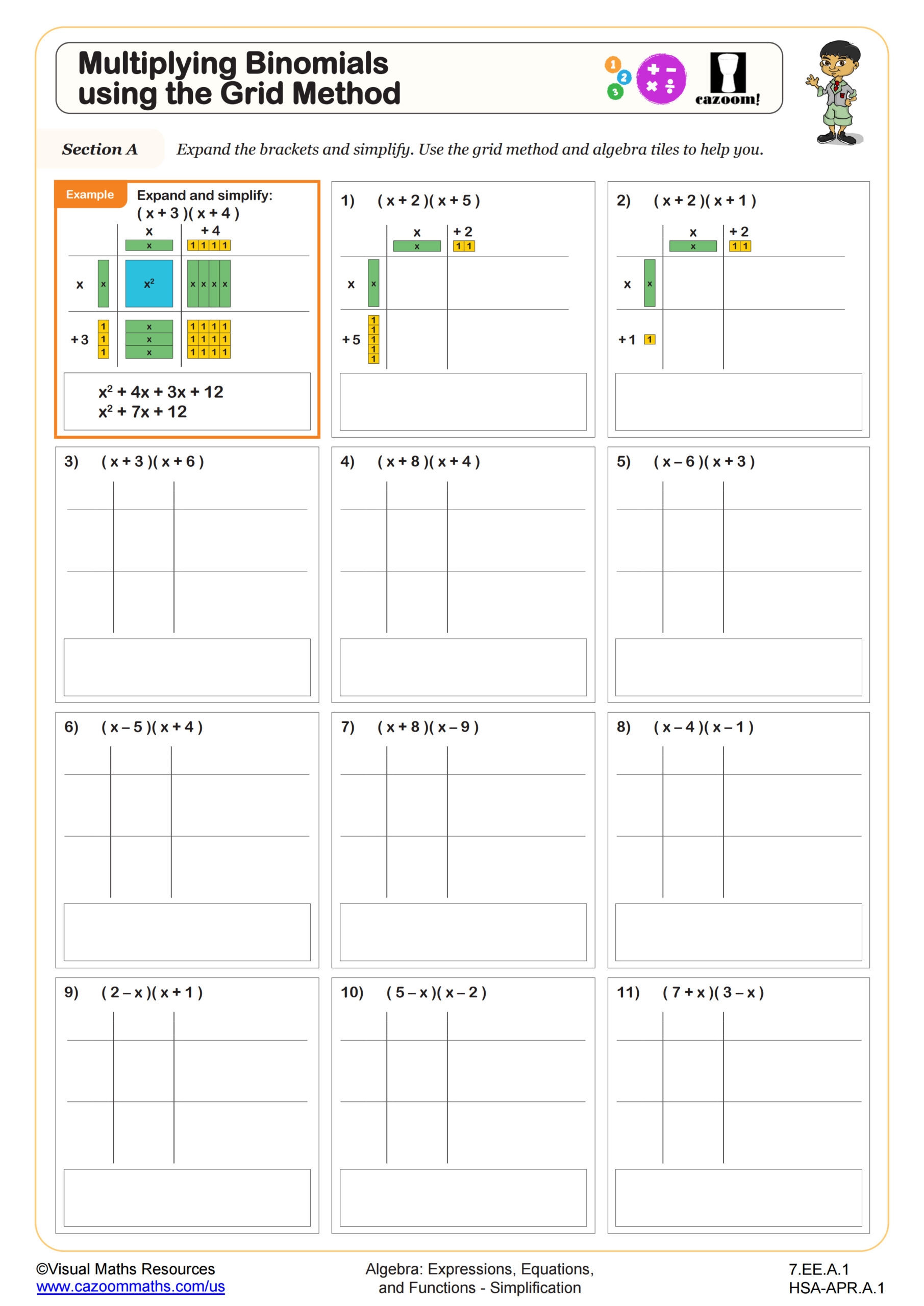 Multiplying Binomials Using The Grid Method Worksheet 7th Grade PDF 