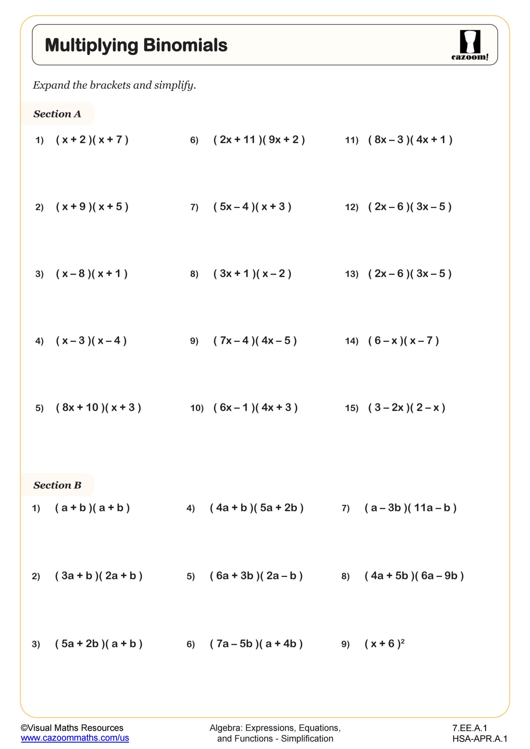 Multiplying Binomials Worksheet PDF Printable Algebra Worksheet