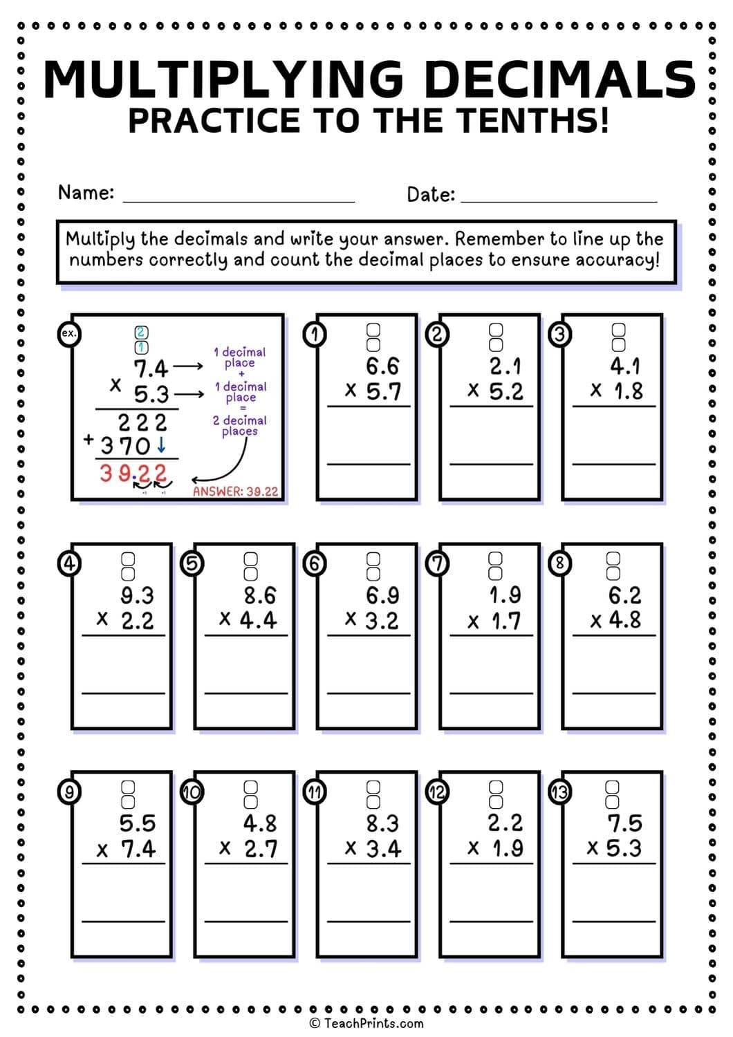 Multiplying Decimal By Decimal Worksheet Dialing For Answers