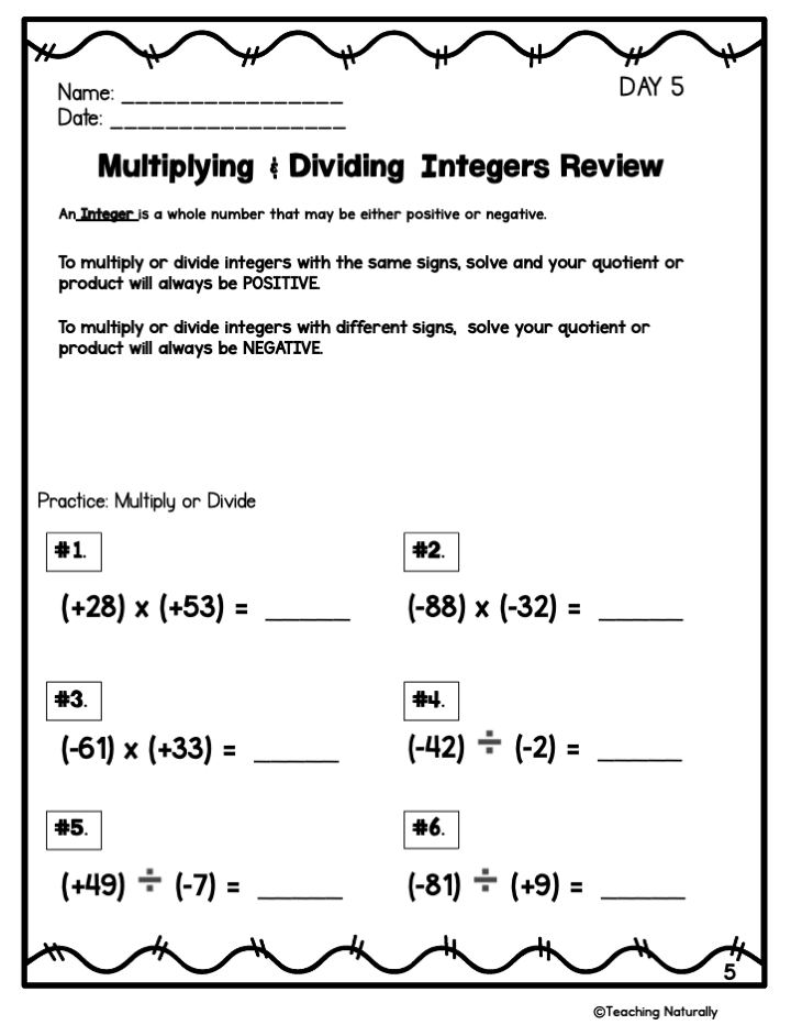 Multiplying Dividing Integers Practice Sheets Worksheets Library