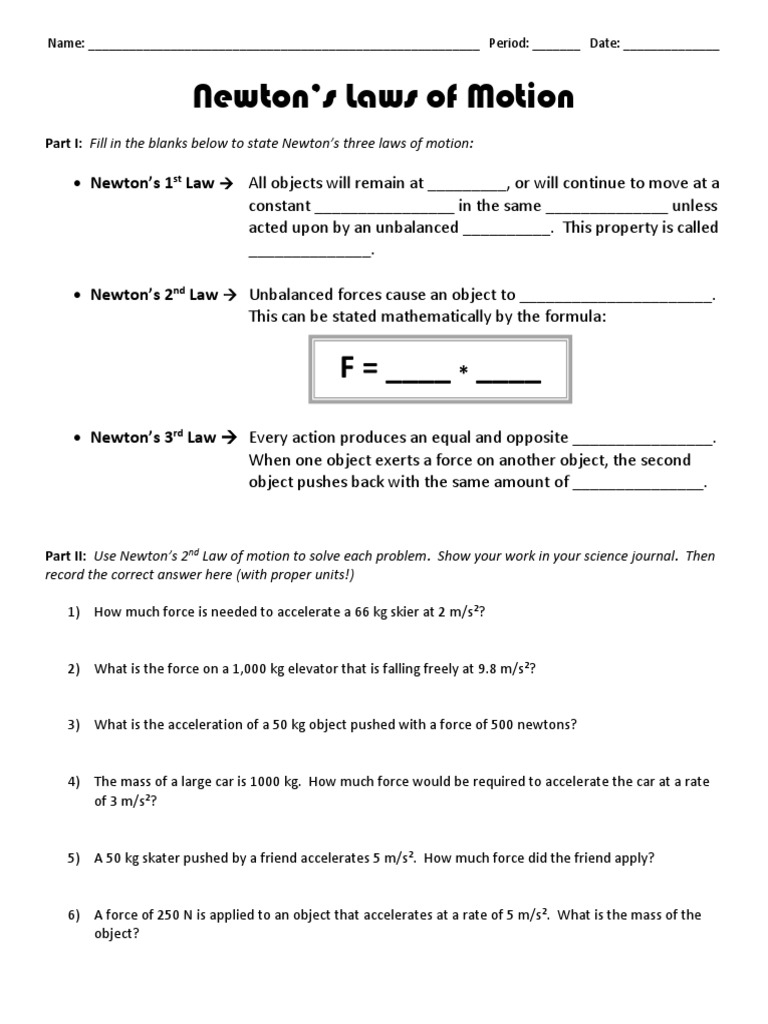 Newtons Laws Of Motion Homeschooling Exercises Worksheets Library