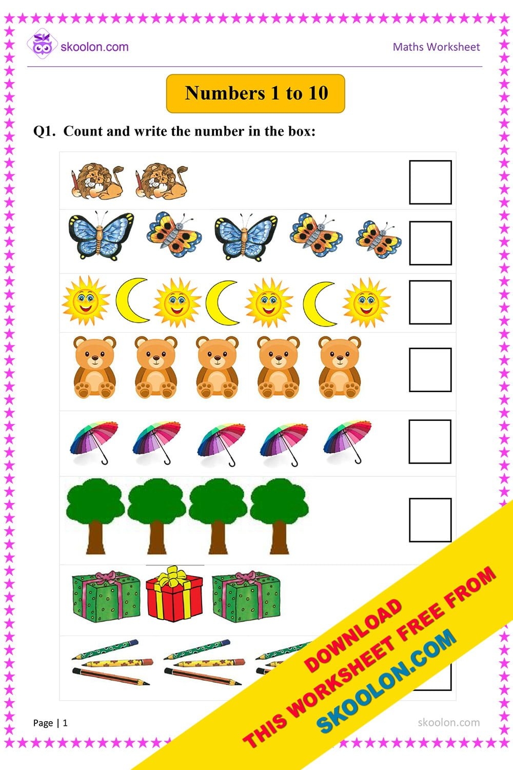 Numbers 1 To 10 Worksheet For KG Skoolon
