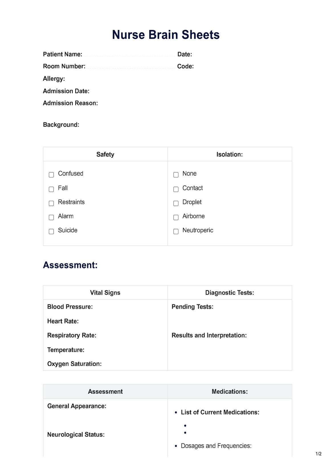 Nursing Brain Sheets Example Free PDF Download
