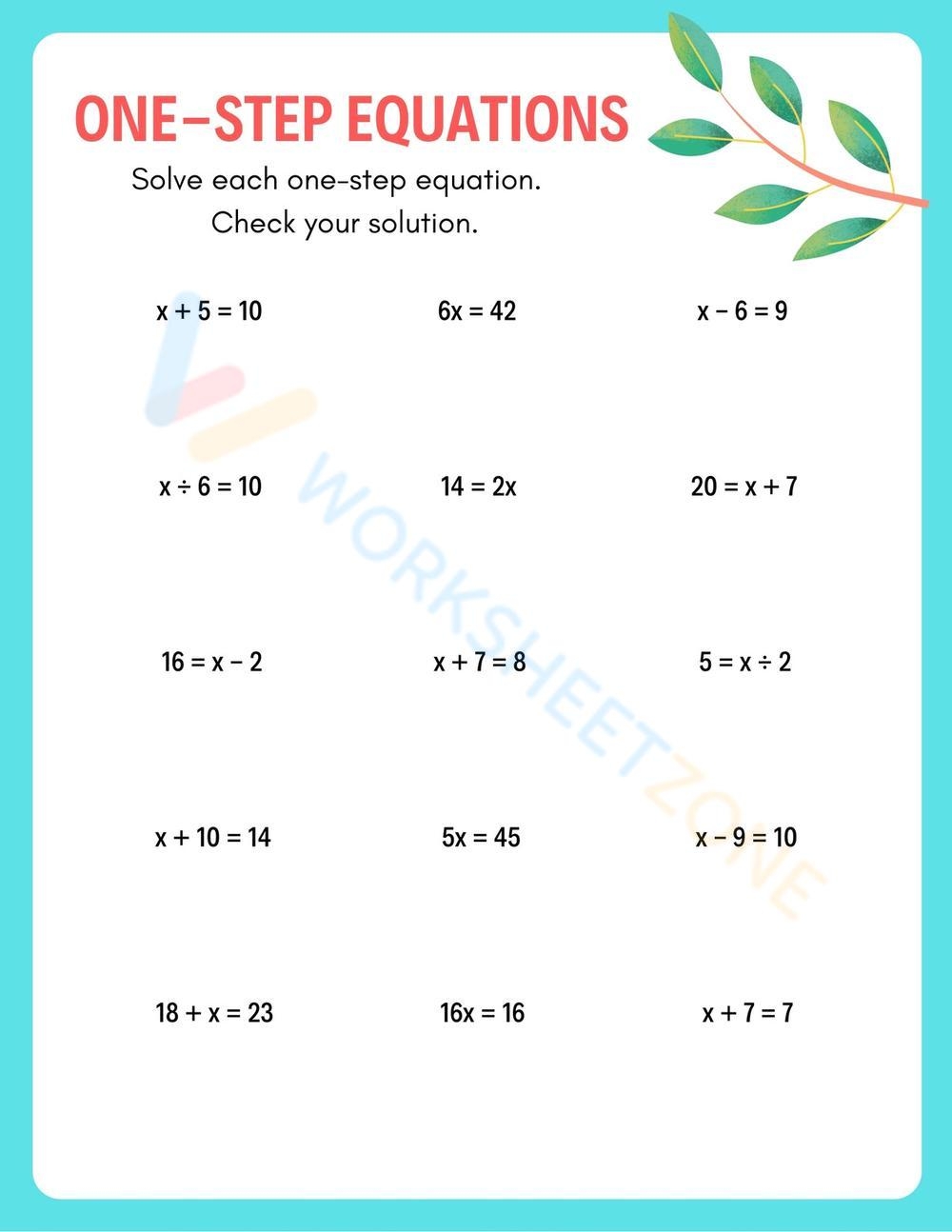 One Step Equations Math Worksheet Worksheet Worksheets Library One Step Equations Math Worksheet Worksheet Worksheets Library
