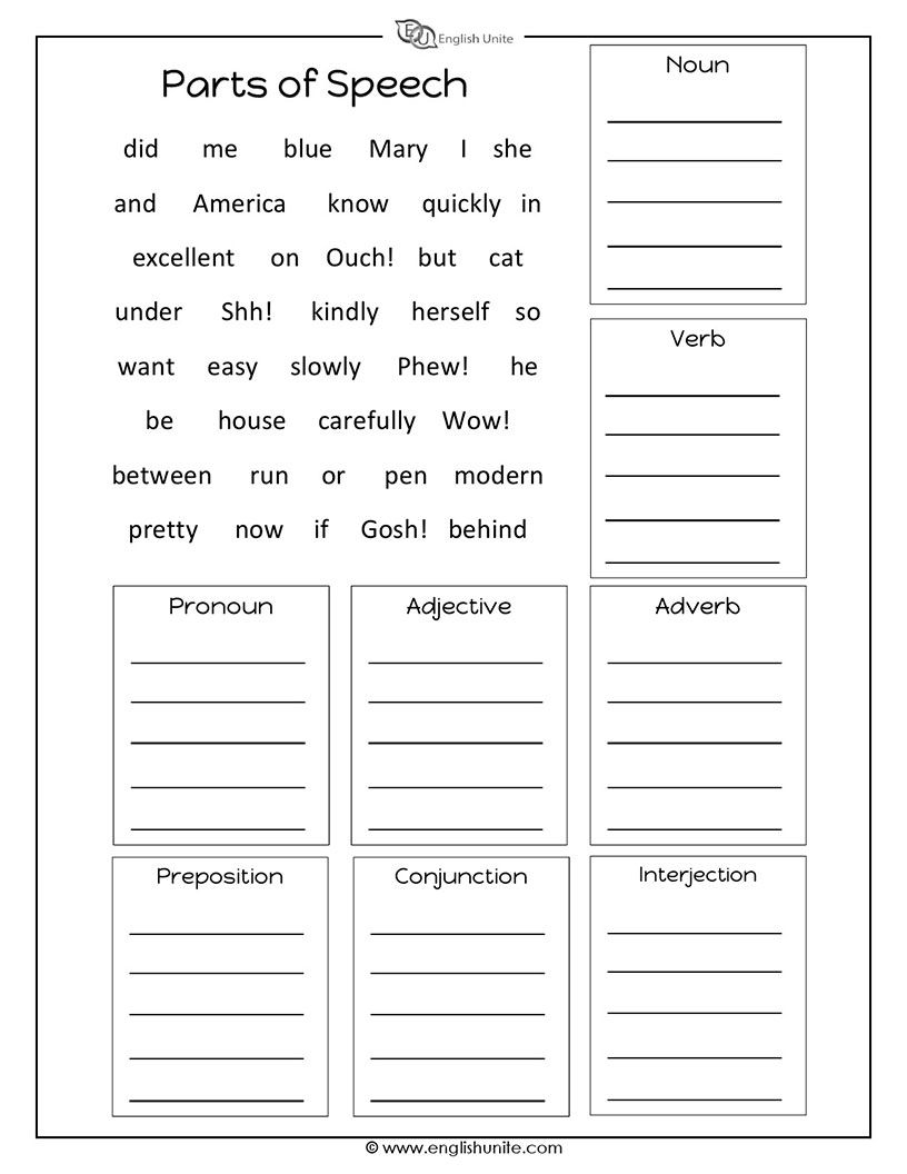 Parts Of Speech Worksheet English Unite Parts Of Speech Worksheets 