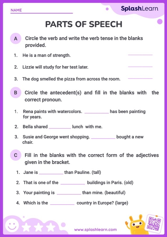 Parts Of Speech Worksheets Free Printable SplashLearn