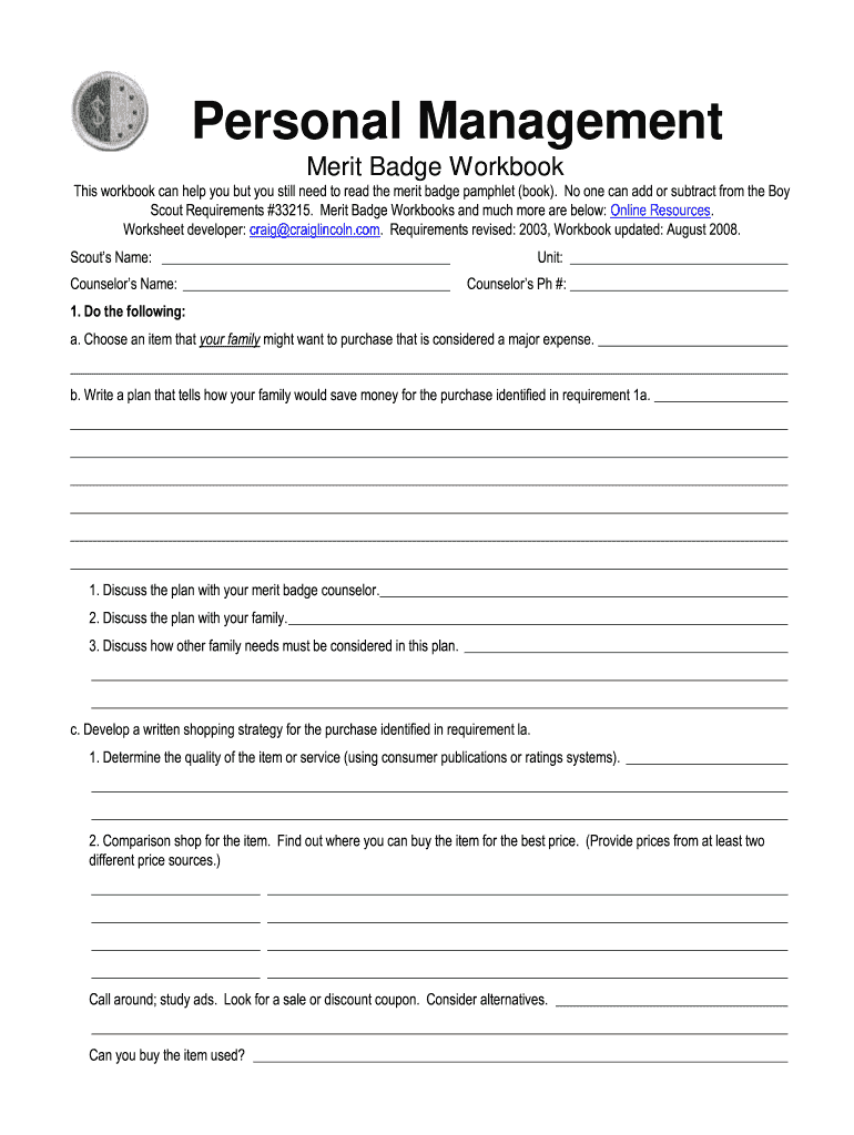 Personal Finance Merit Badge Worksheet