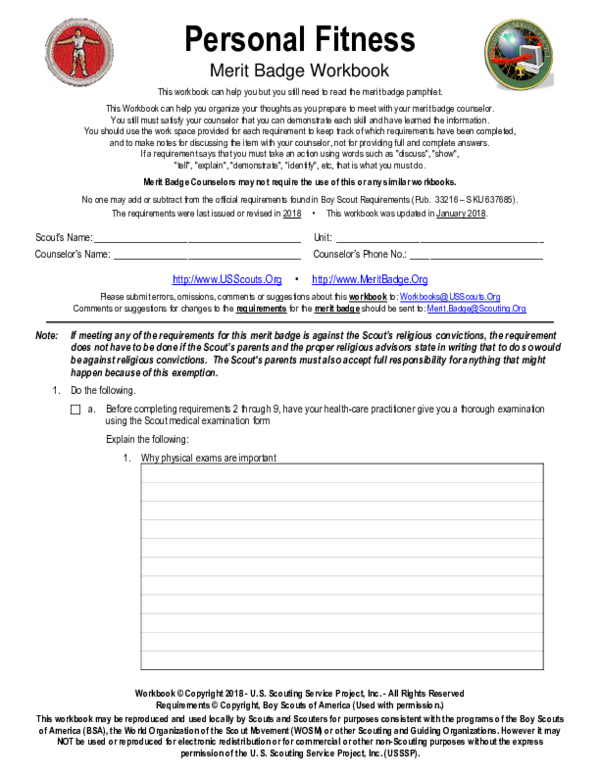 Personal Fitness Merit Badge Log PDF Physical Exercise Sports 