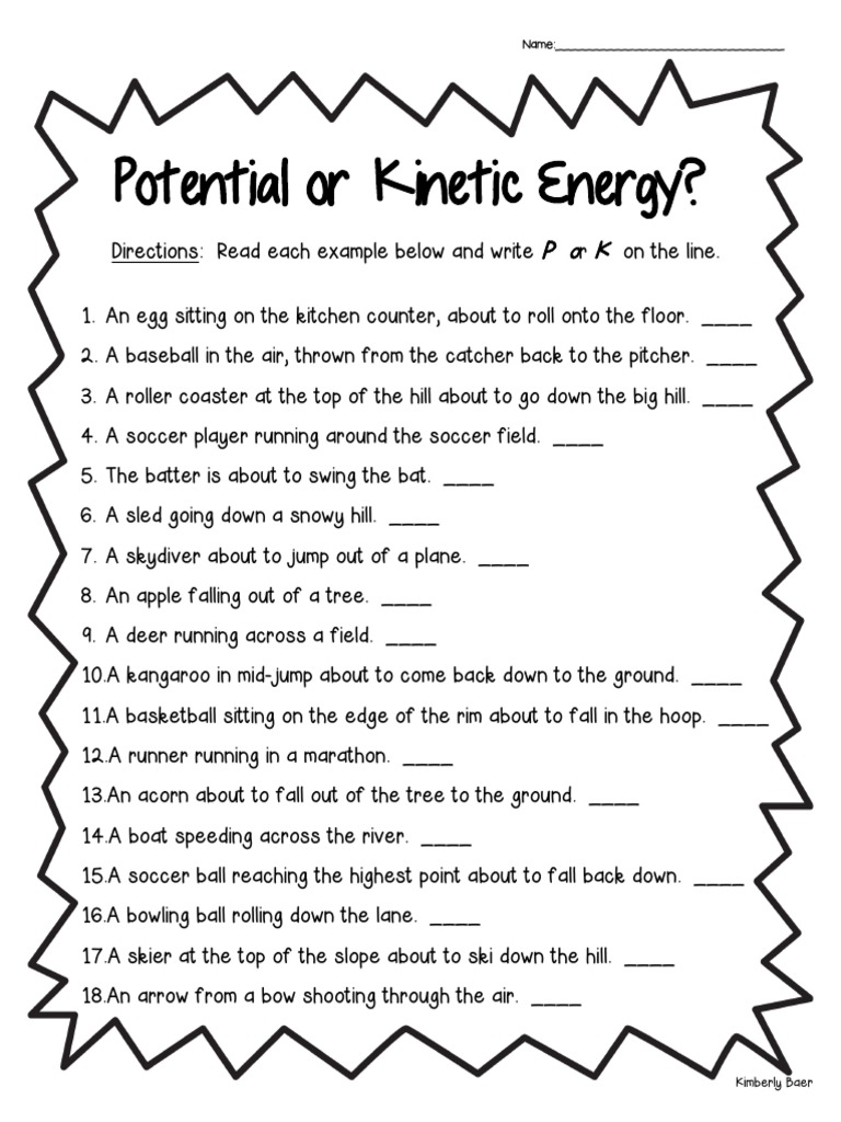 Potential Or Kinetic Energy Worksheet Physical Science 1 PDF 