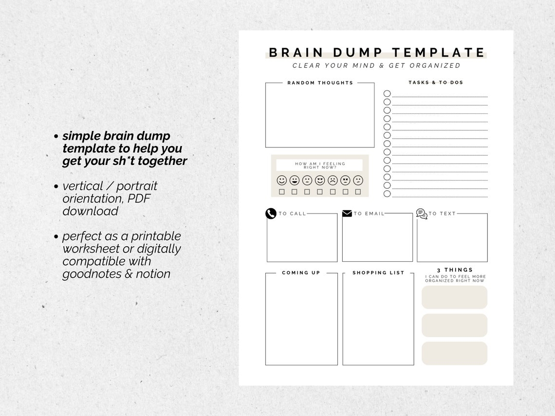 Printable Brain Dump Worksheet Decluttering Planner Digital Brain 
