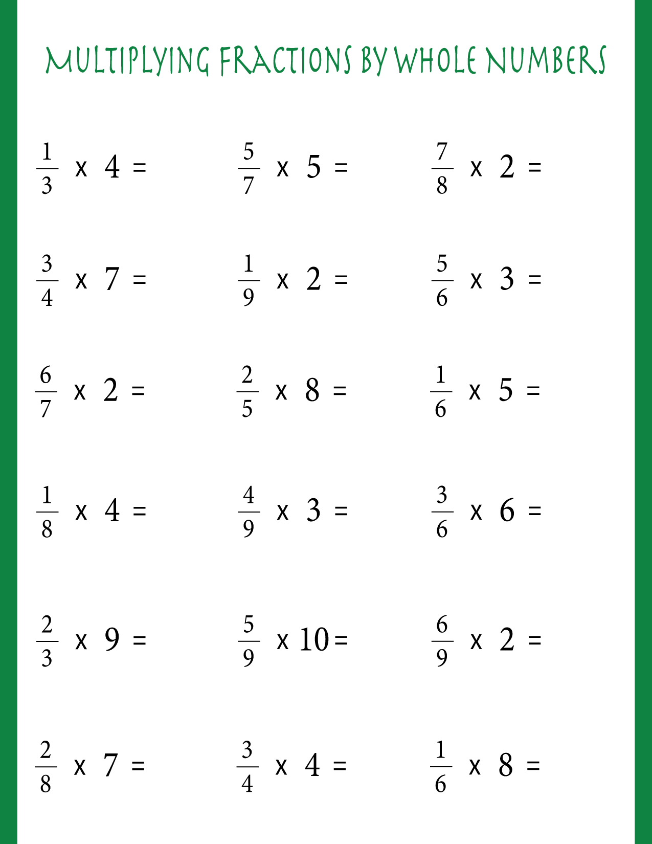 Printable Free Multiplying Fractions Worksheets by Whole Numbers In