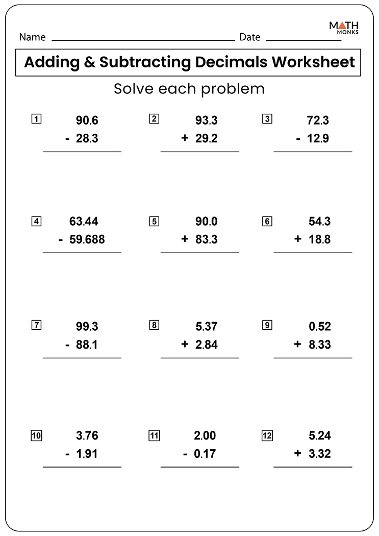 Printable Worksheet For Adding And Subtracting Decimals Calculator