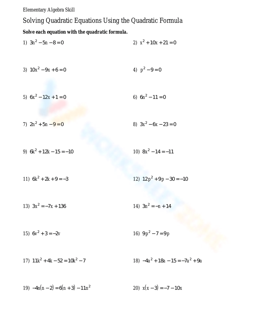 Quadratic Formula Practice Worksheet Answers Quadratic Equation 