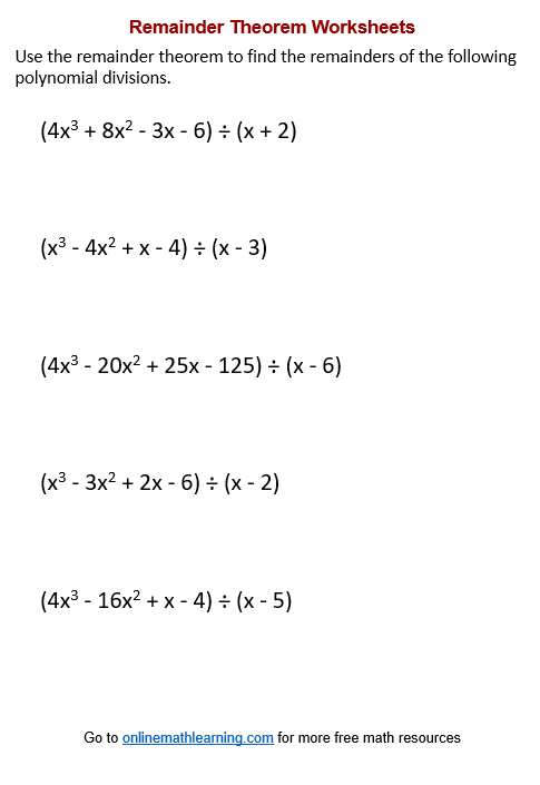 Remainder Theorem Worksheets printable Online Answers Examples