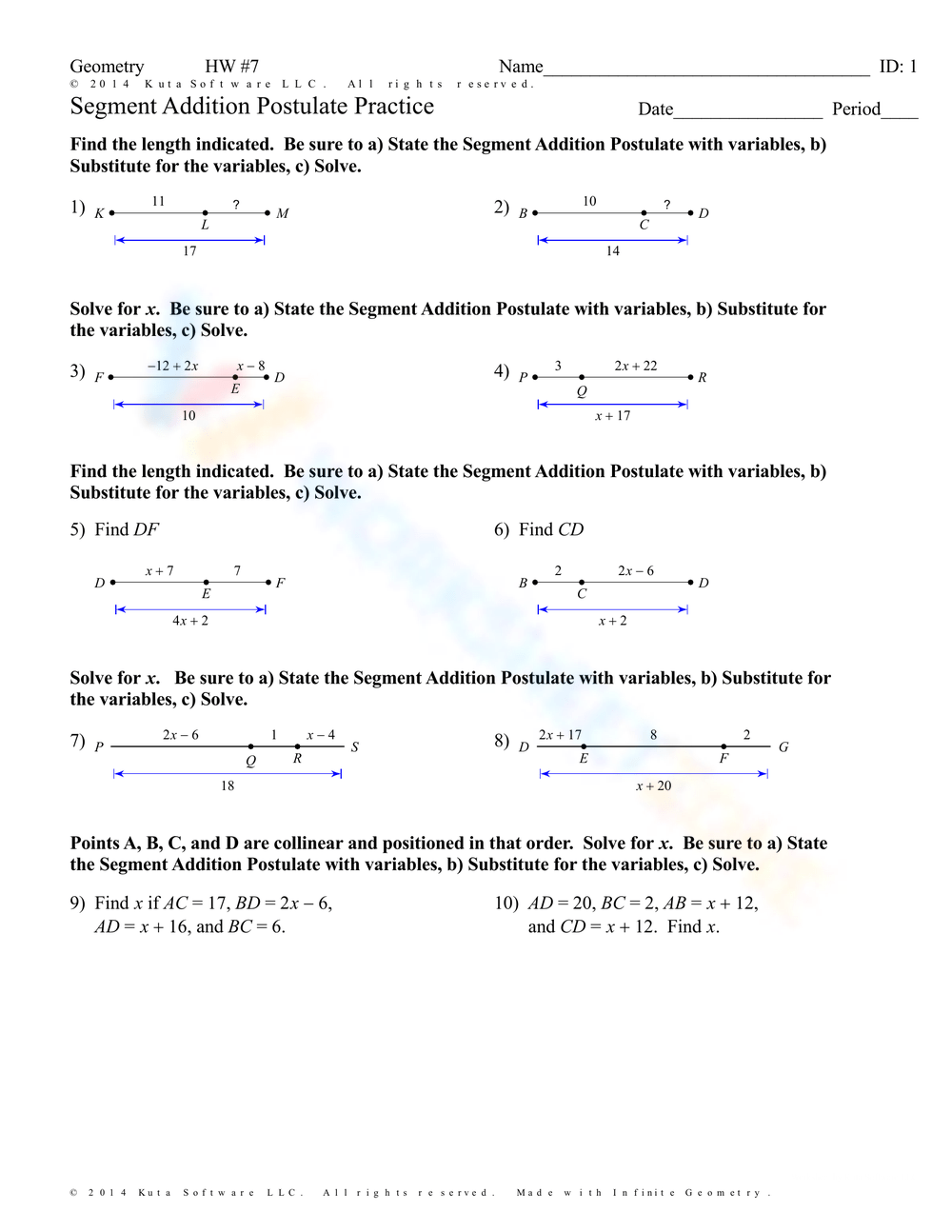 Segment Addition Postulate Algebra And Geometry Help Worksheets Library