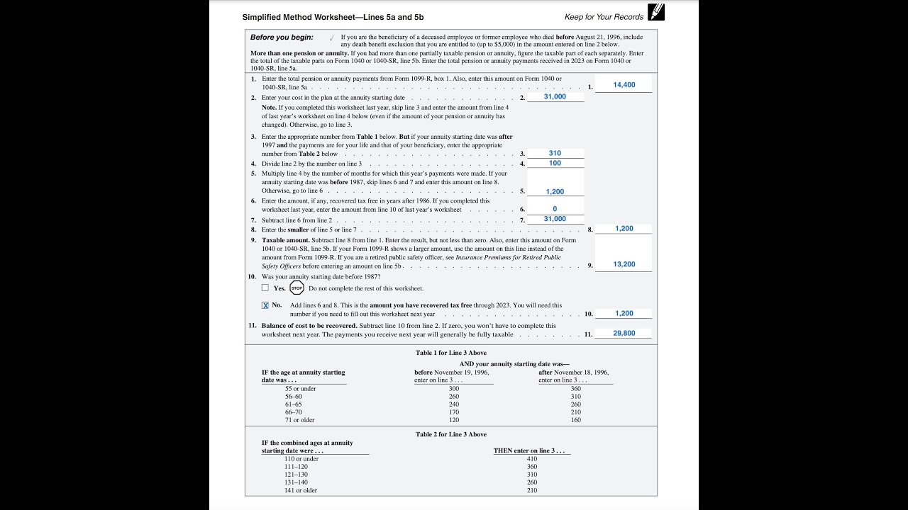 Simplified Method Worksheet Walkthrough IRS Form 1040 Lines 5a 5b 