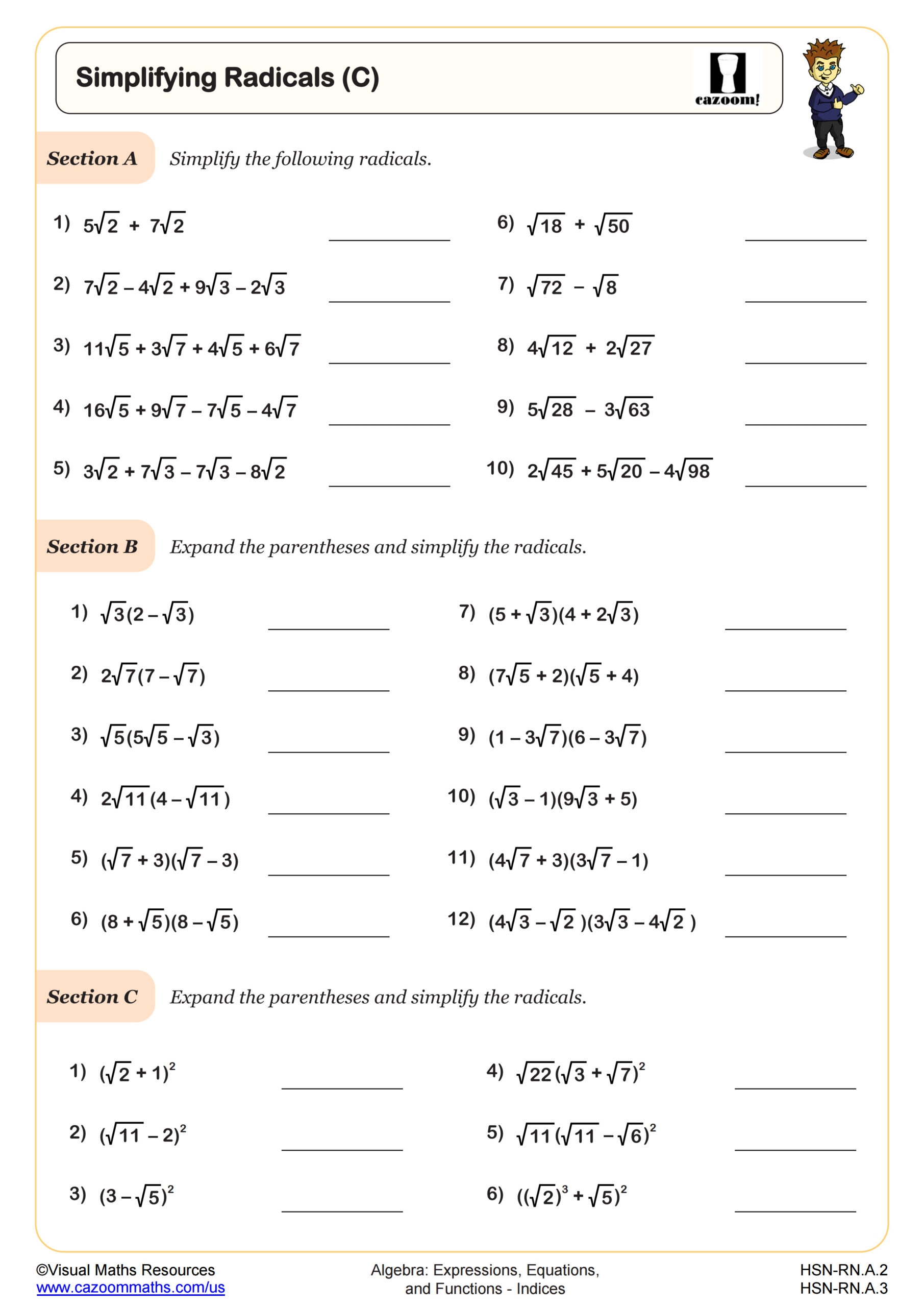 Simplifying Radicals C Worksheet Fun And Engaging Algebra I 