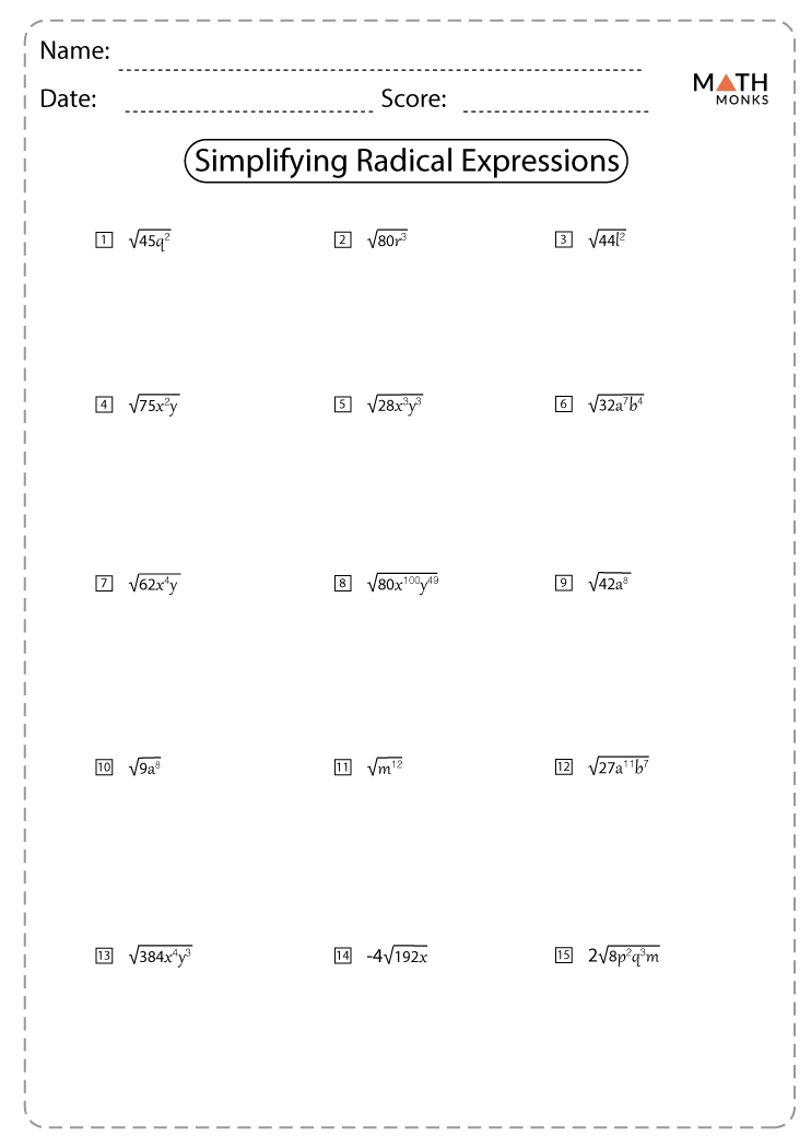 Simplifying Radicals Worksheet