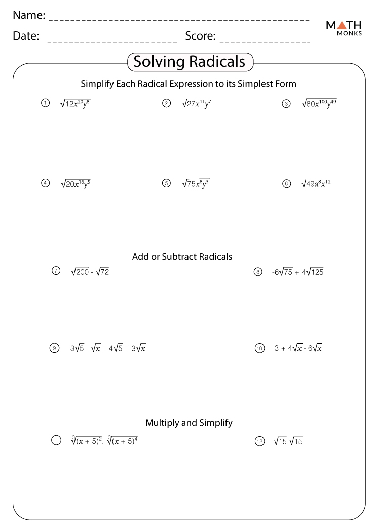 Simplifying Radicals Worksheets Math Monks