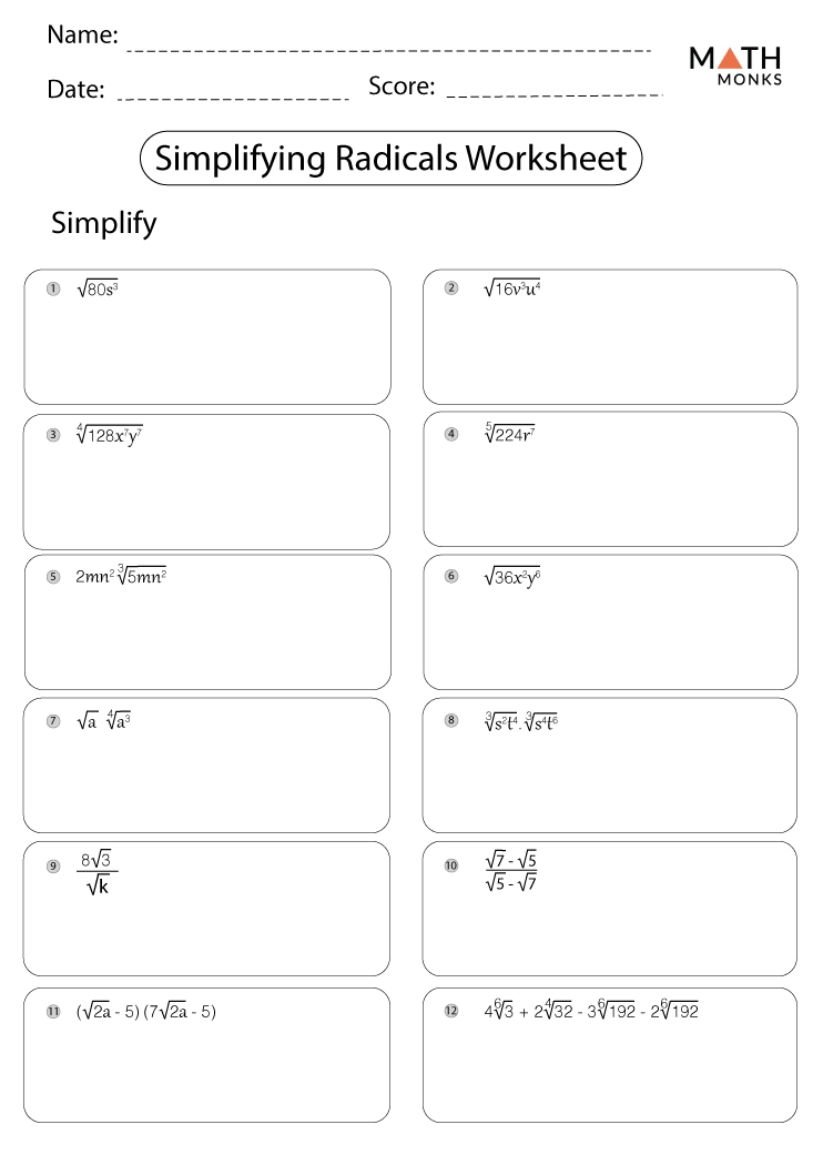 Simplifying Radicals Worksheets Math Monks