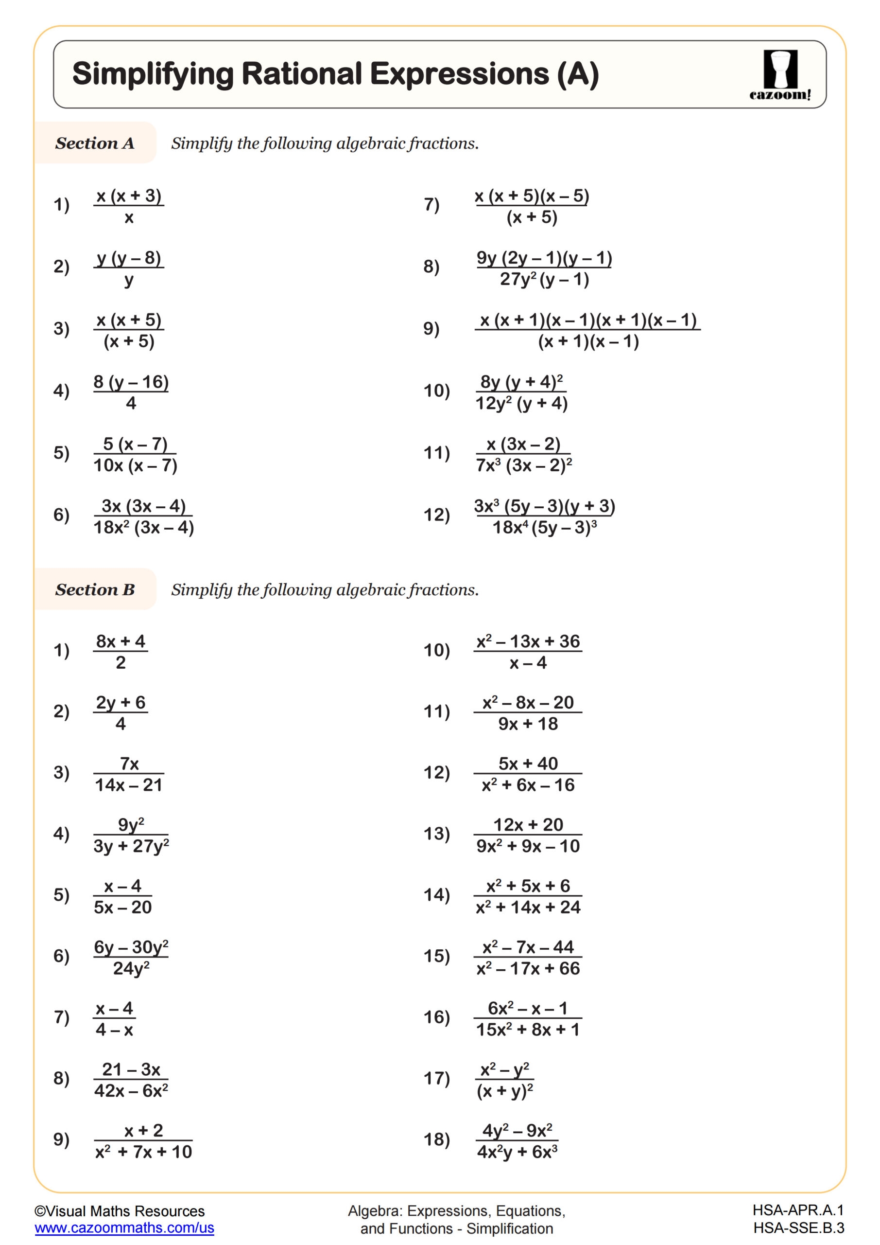 Simplifying Rational Expressions A Worksheet Algebra II PDF
