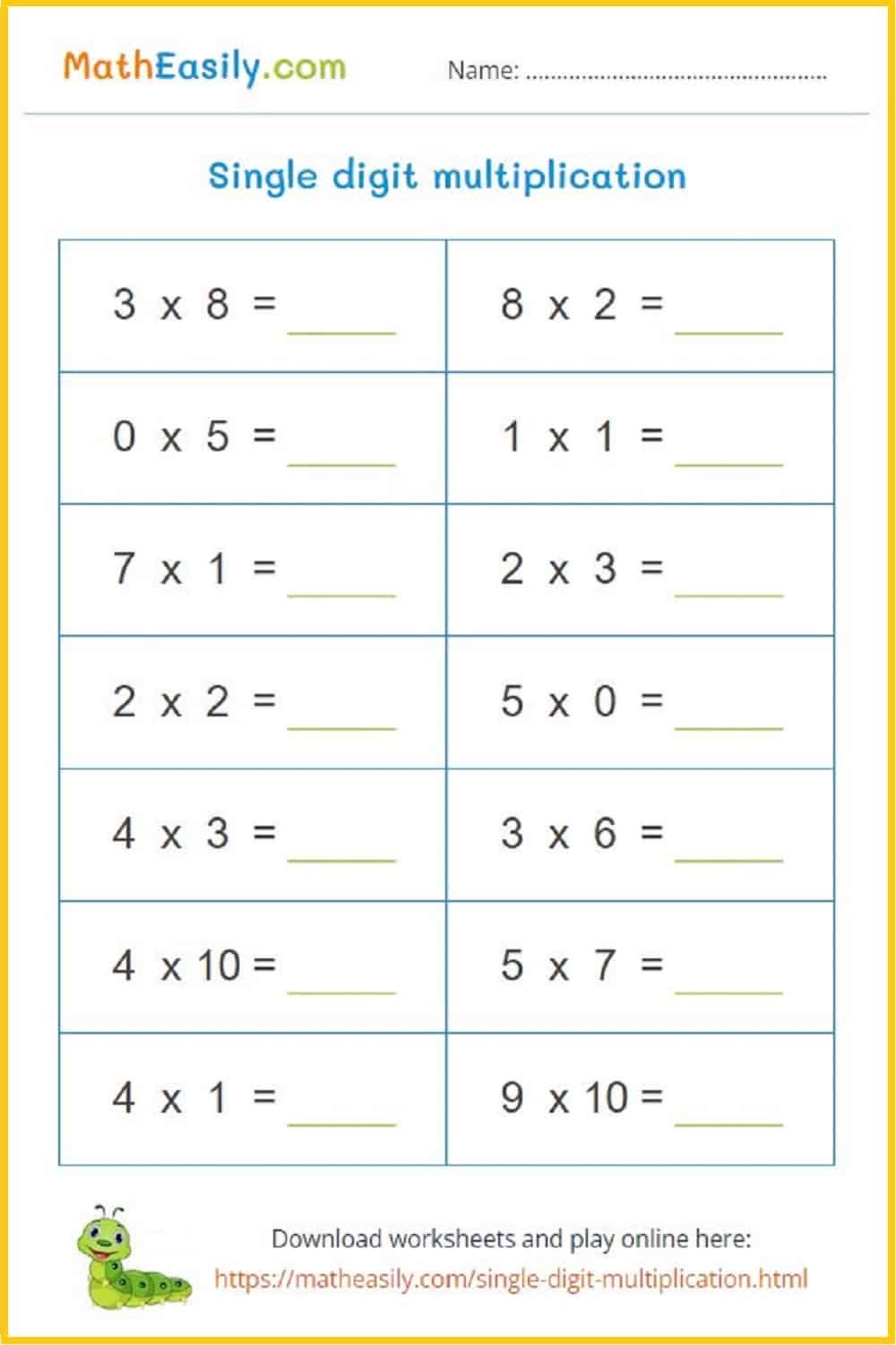 Single Digit Multiplication Games Worksheets