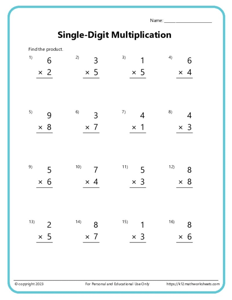 Single Digit Multiplication Worksheets