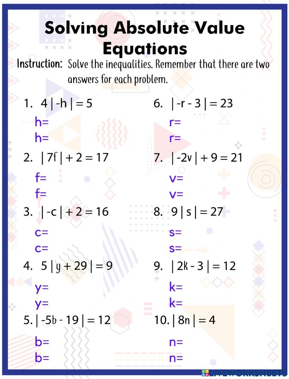 Solving Absolute Value Equations Activity Live Worksheets