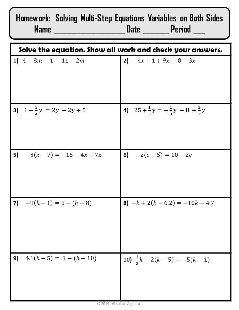 Solving Multi Step Equations Variables On Both Sides Notes