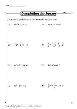 Solving Quadratic Equations By Completing The Squares Worksheets
