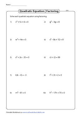 Solving Quadratic Equations By Factoring Worksheets
