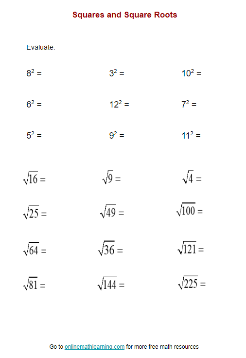 Squares And Square Root Worksheet printable Online Answers Examples 