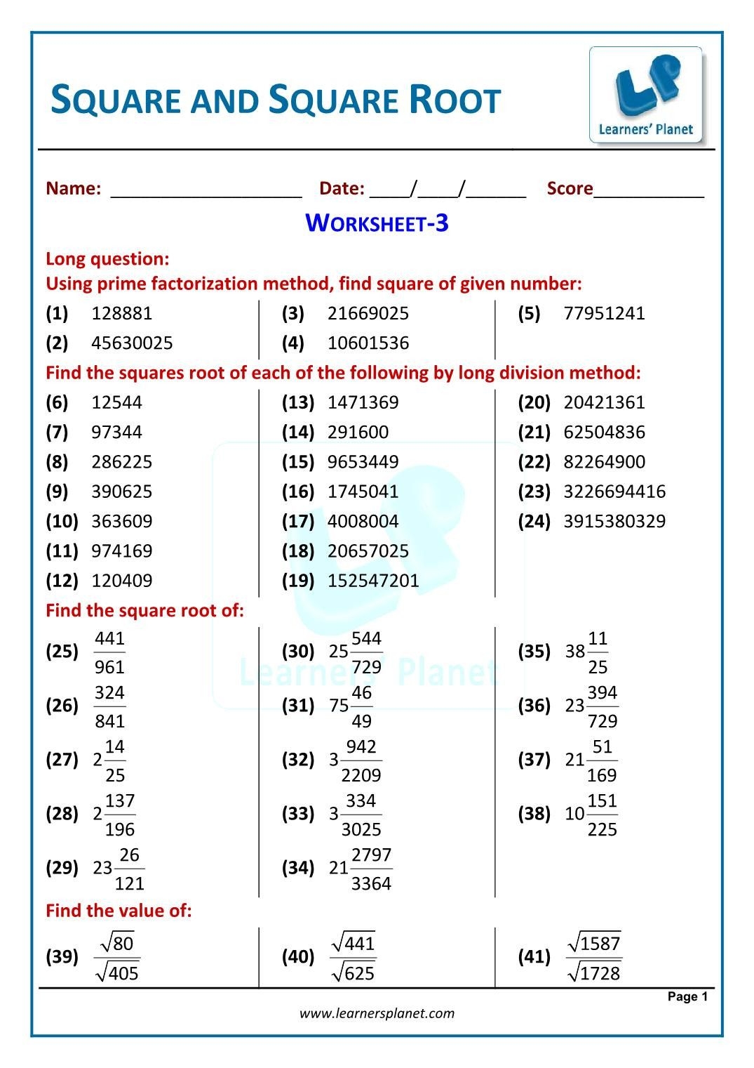 Squares And Square Roots Worksheet