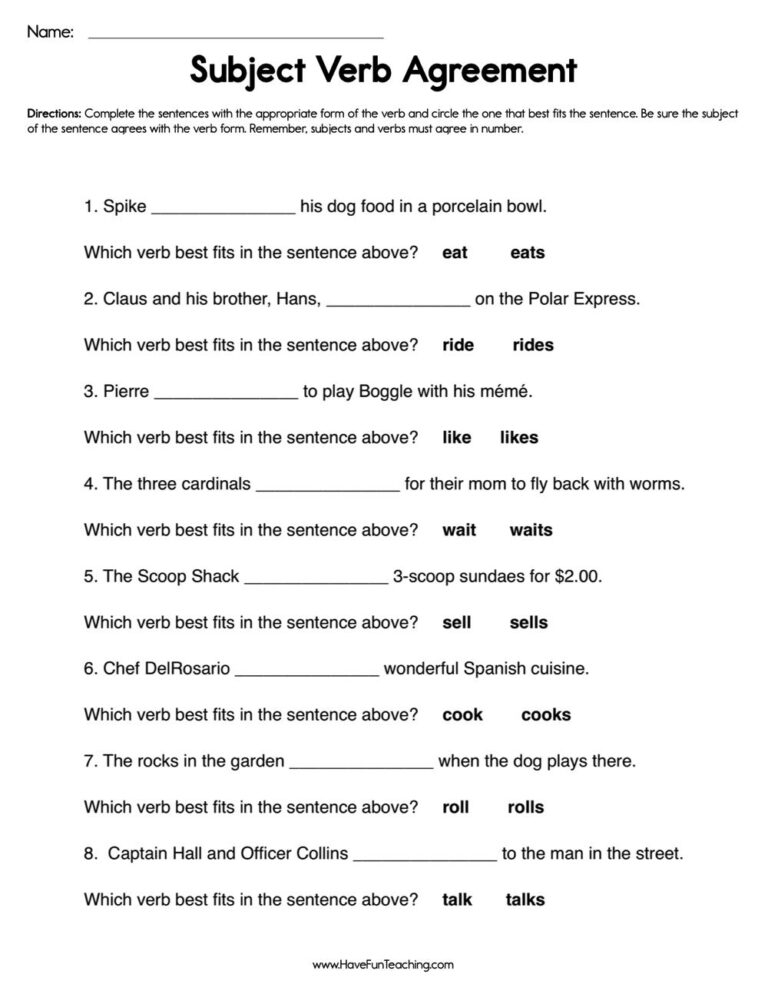 Subject Verb Agreement Worksheet Have Fun Teaching