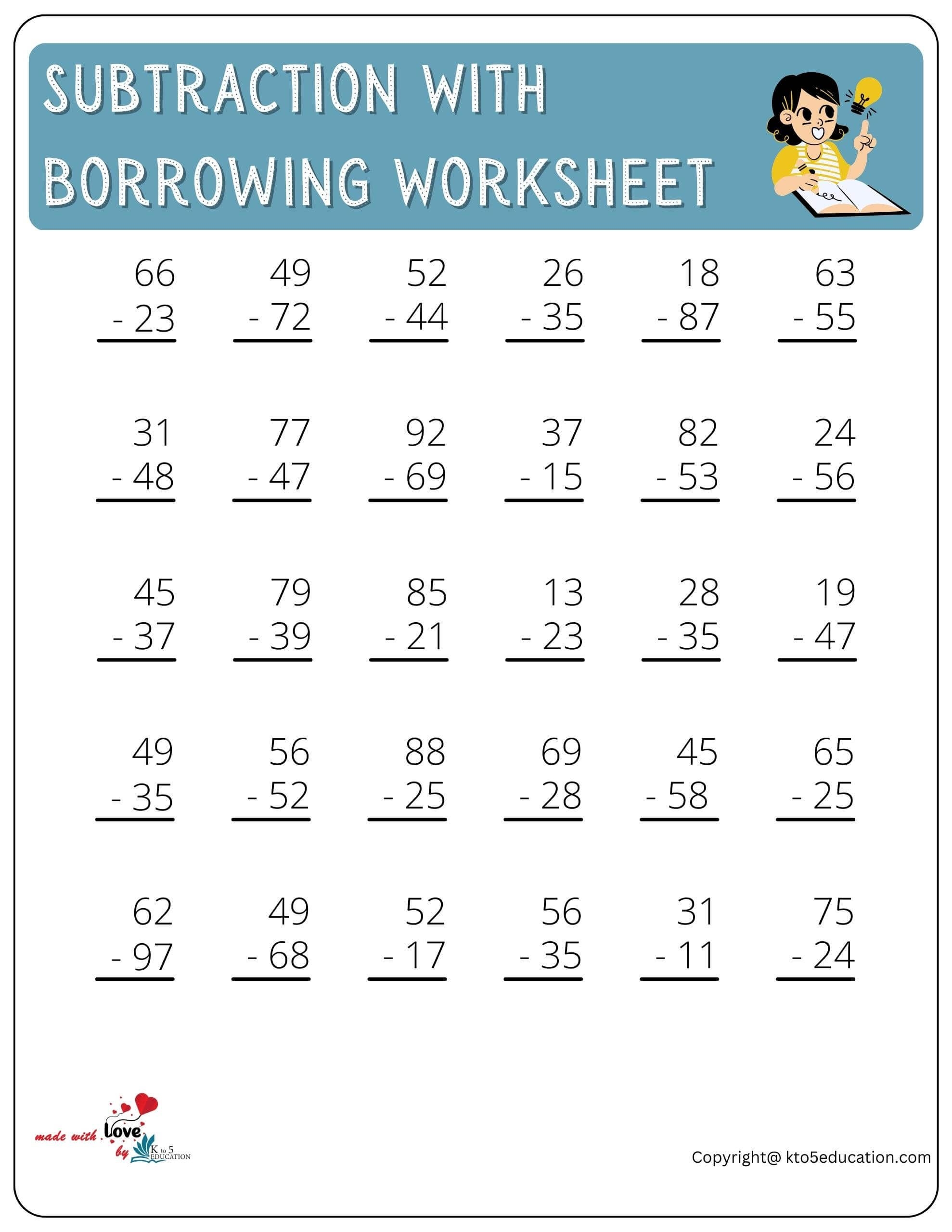 Subtraction With Borrowing Worksheet For Kids FREE Download
