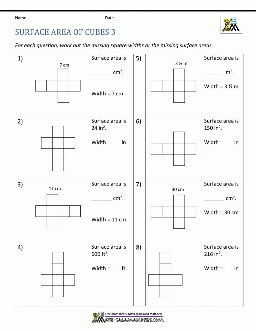 Surface Area Math Worksheets