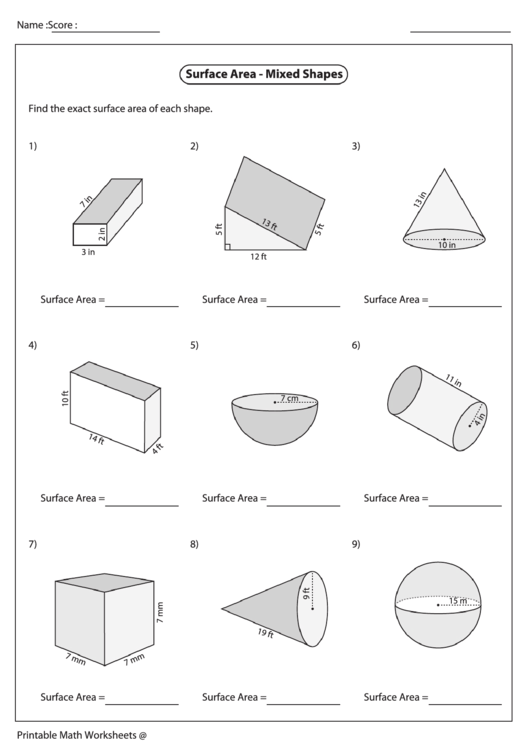 Surface Area Of 3D Shapes Worksheet