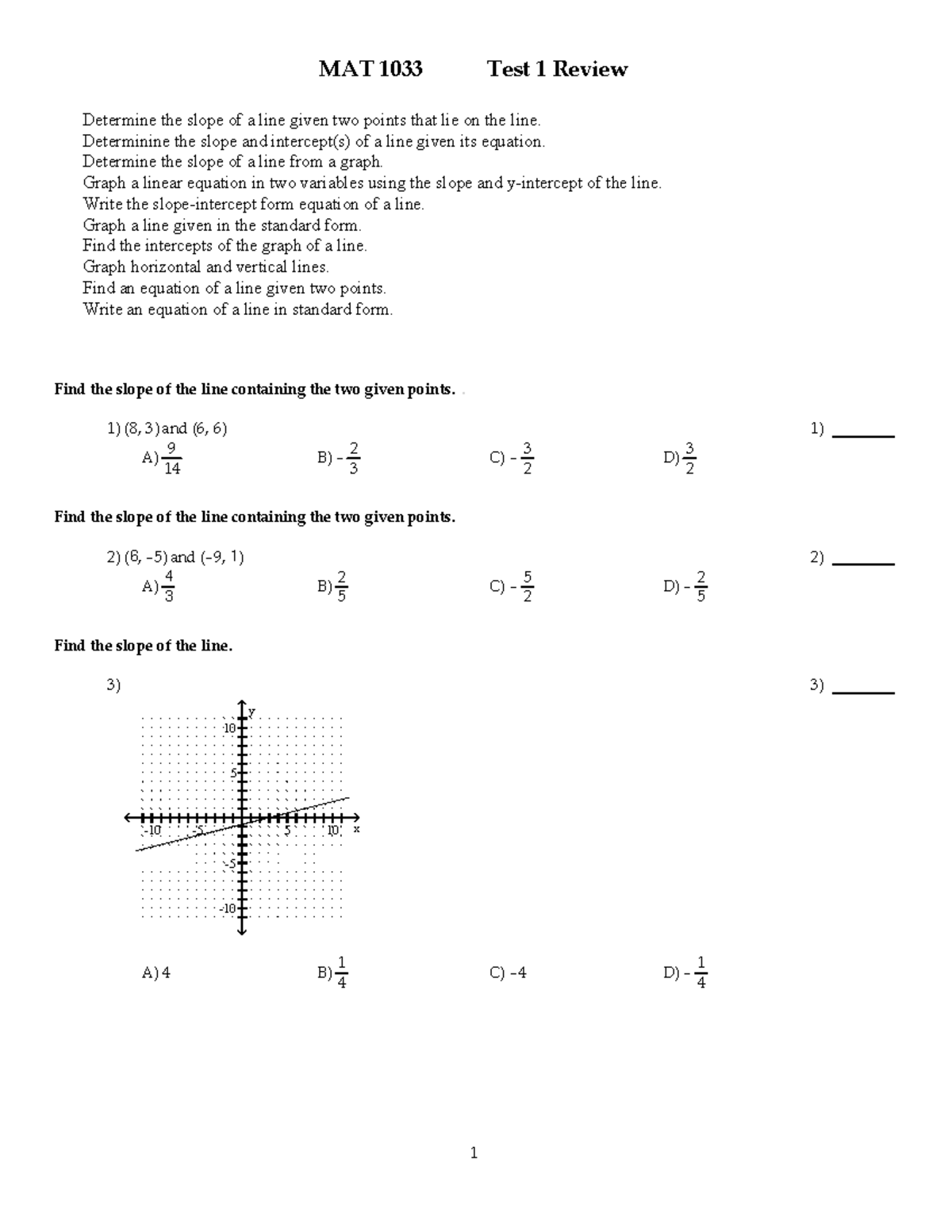 Test 1 Review MAT 1033 Test 1 Review Determine The Slope Of A Line 