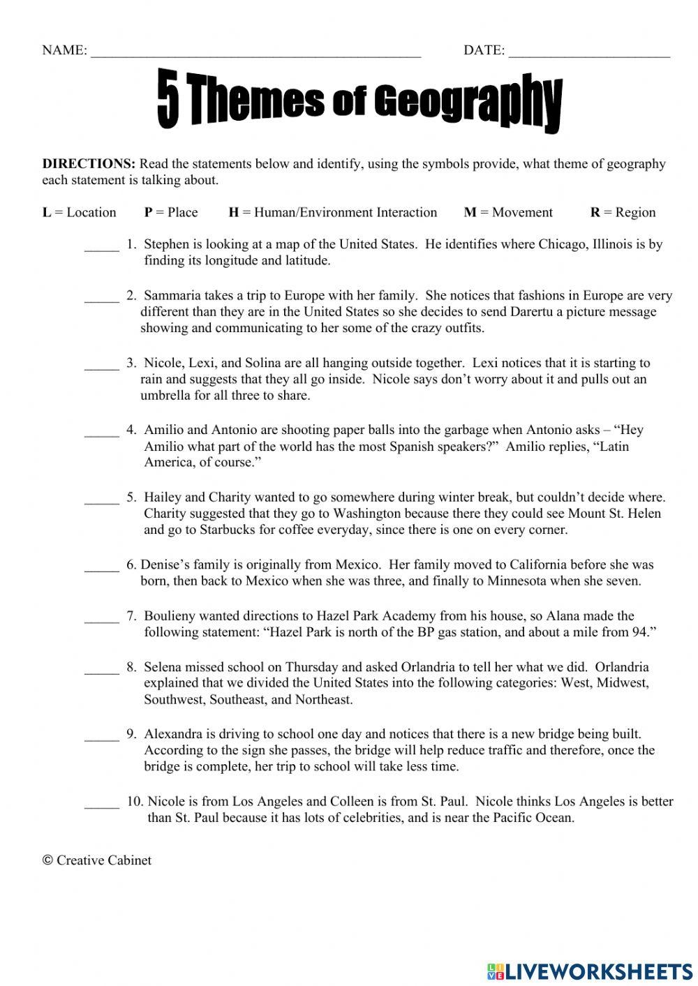 The Five Themes Of Geography Worksheet For 7th 9th Grade 