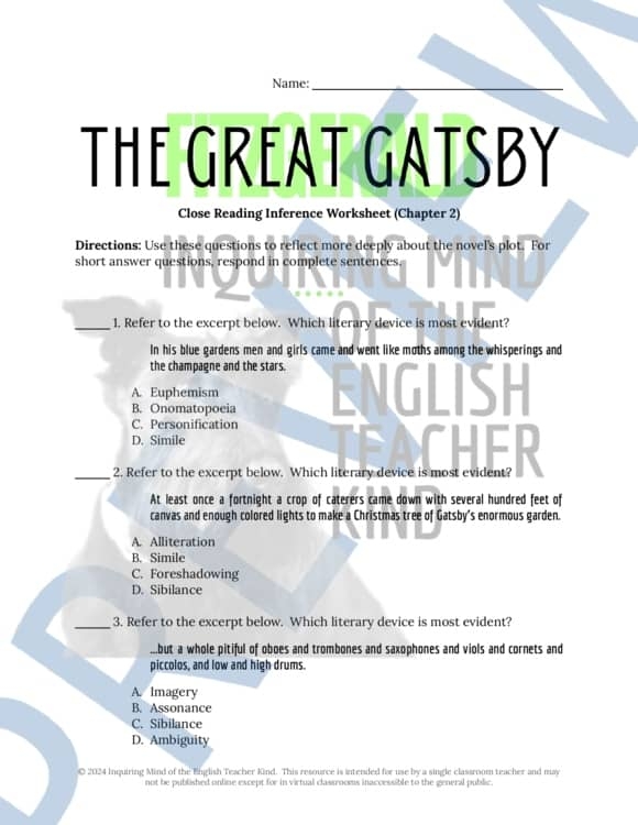 The Great Gatsby Chapter 2 Literary Analysis Worksheet American