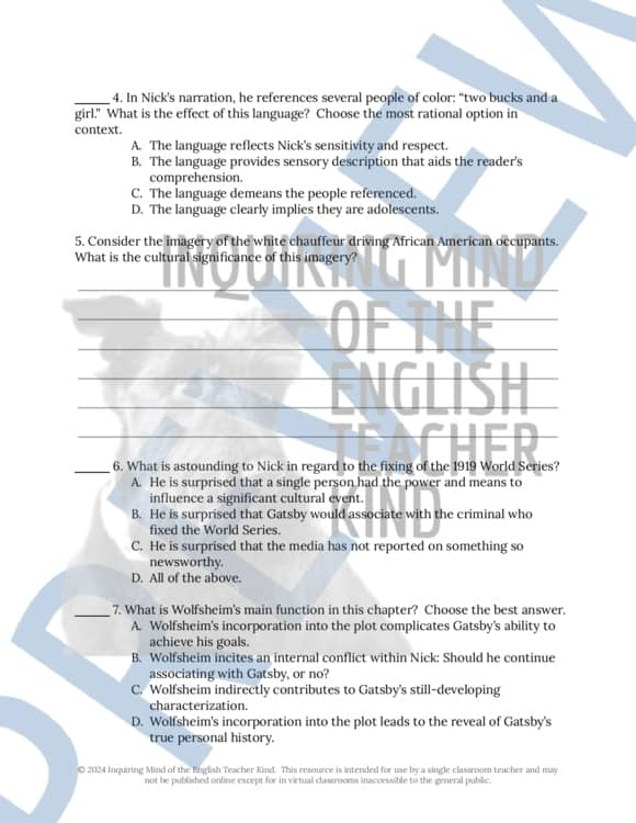 The Great Gatsby Chapter 4 Literary Analysis Worksheet American 