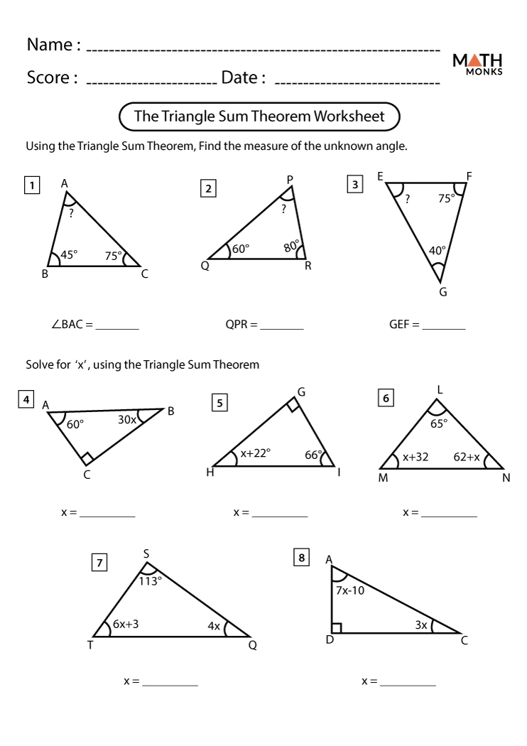 Triangle Sum Theorem Worksheets Math Monks