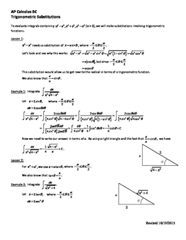 Trigonometric Substitution Worksheet AP Calculus BC By Cindy Carlson